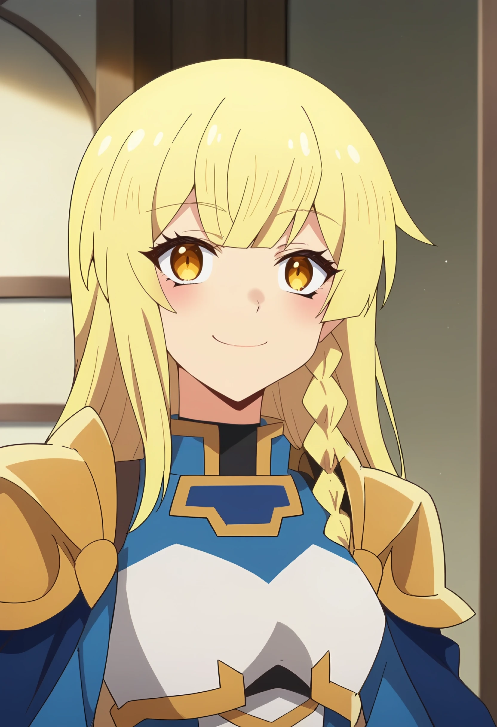 <lora:Balirossa:0.9> balirossa, blonde hair, long hair, 1girl, side braid, solo, yellow eyes, portrait, looking at viewer, smile, blush, breastplate, blue cape, shoulder armor, pauldrons, score_9, score_8_up, score_7_up, , anime coloring ,BREAK source_anime, anime