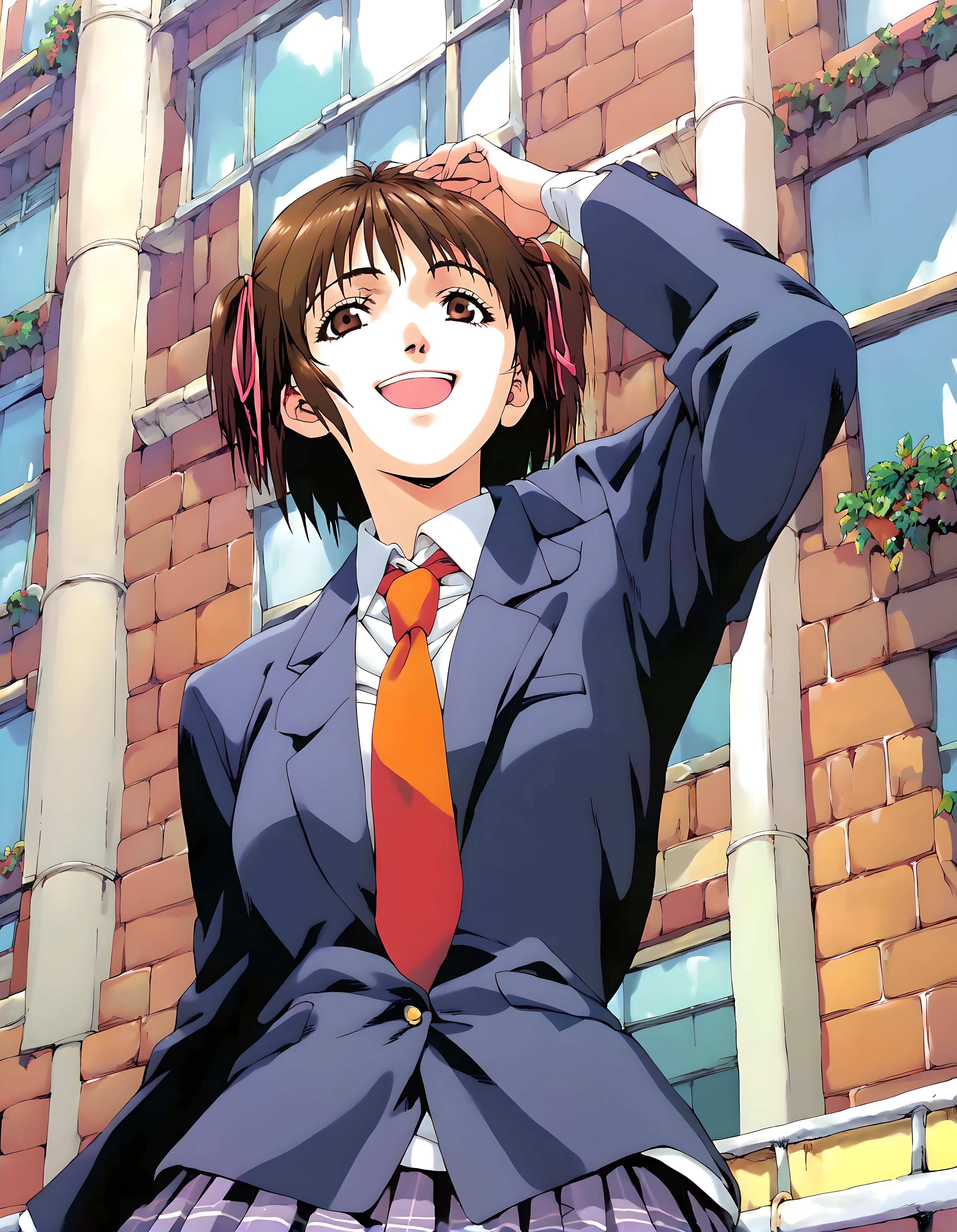 <lora:pony_xl_kayo>,kayo,score_9,score_8_up,score_7_up,source_anime,1girl,school uniform,blazer,long sleeves,collared_shirt,necktie,pleated skirt,smile,cowboy_shot,looking_at_viewer,open your mouth and laugh,city,