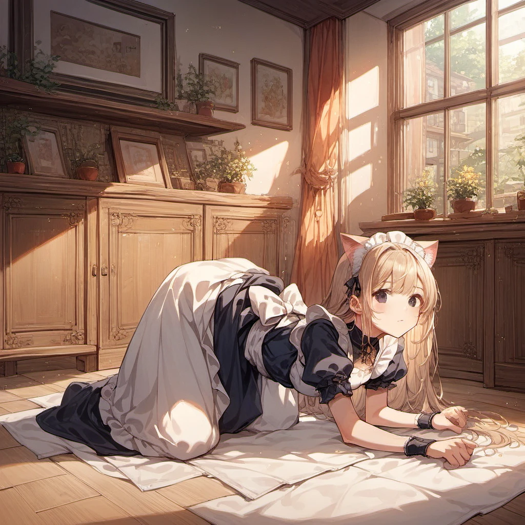 source_anime,score_9, score_8_up, score_7_up, score_6_up, score_5_up, rating_safe,
(girl:1.5),(long hair,delicate detailed black eyes, nice outfit,bangs,maid dress,cat ears, all fours), (close up,waist)
<lora:backgroundsetXL:0.6>background,indoor, house