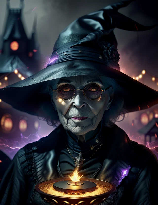 dark, noir, arcane old witch porttrait, magic sparks floating, cinematic, bokeh, highly detailed