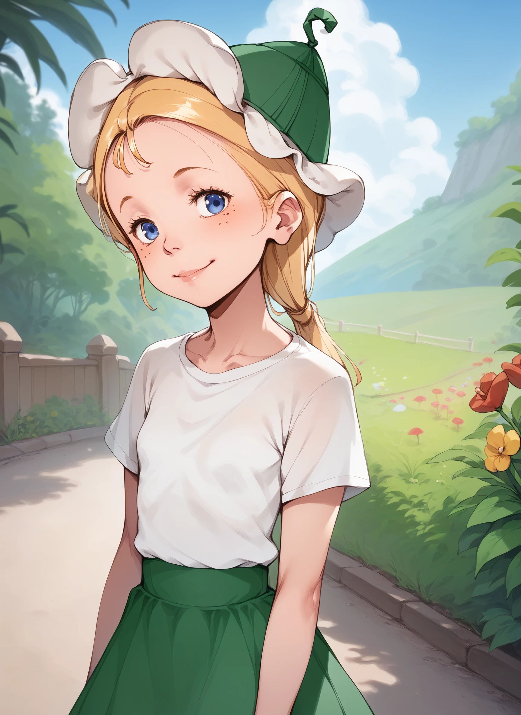 score_9, score_8_up, score_7_up, BREAK
romashka, 1girl, solo, looking at viewer, blonde hair,  white shirt, green skirt, ponytail, freckles, standing, outdoors, petite, cute face, smile, head tilt, [white|green] tulip hat, blue eyes
<lora:romashka_pdxl6:1> <lora:tatacon2:0.4>