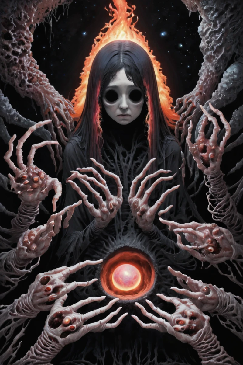 <lora:CosmicBeings:0.6>, milky way, planets, stars, supernova, black hole, hands, face, surreal
(1girl, monster, horror, 4hands, 6legs, 10eyes, long fiery hair:1.5)