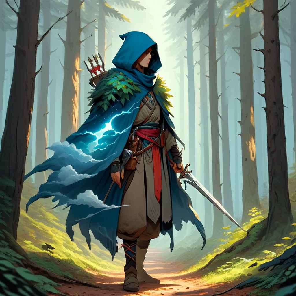 skycloak, A rogue walking in the woods, holding a dagger, concept art