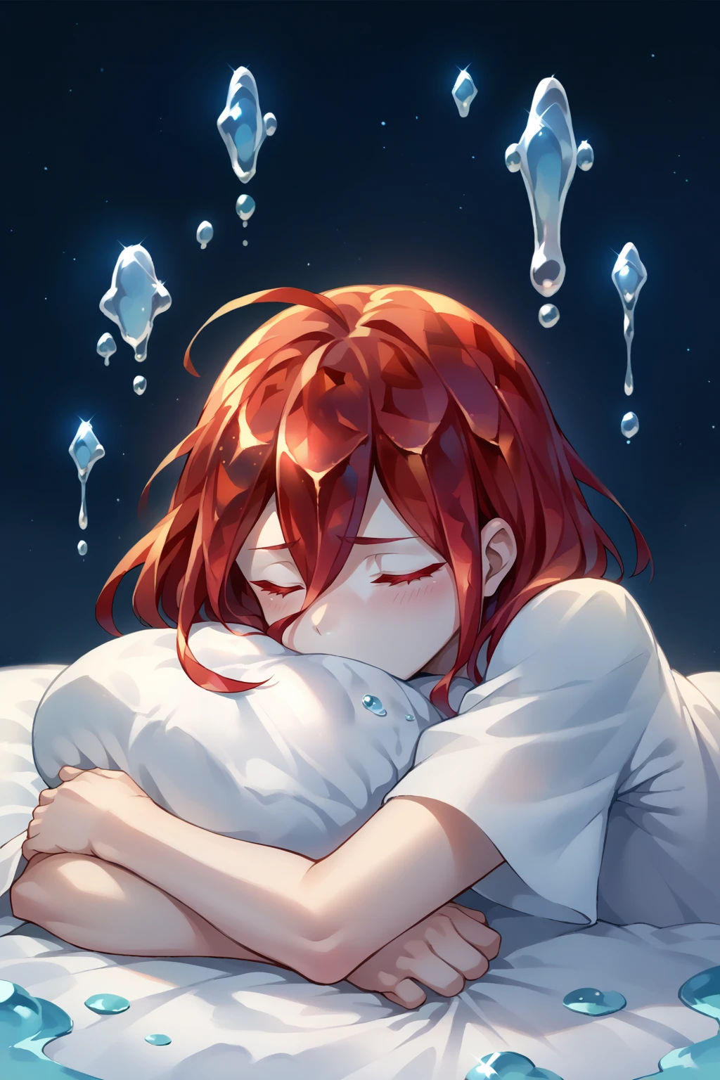 score_9, score_8_up, score_7_up, source_anime, closed eyes, hskcnbr, white skin, colored eyelashes, crystal hair, medium hair, mercury (element), liquid, white robe, sleeping, <lora:Hoseki_HousekiNoKuni_Cinnabar_PDXL_v1:1>