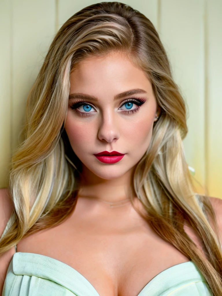 Realistic photo of a beautiful h4nn4hk woman, 1girl, solo, long hair, looking at viewer, blue eyes, blonde hair, parted lips, lips, makeup, lipstick, realistic, against wall, professional Photography, Photorealistic, detailed, RAW, analog, sharp focus, high quality, film grain<lora:h4nn4hk:1.0>