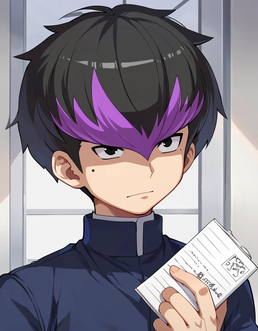 anime artwork, score_9, source_anime, rating_safe BREAK 1boy, solo, male focus,
netami-masuo, black hair, multicolored hair, black eyes, mole under eye, gakuran,
upper body, portrait, close-up face, facing viewer, holding notebook, writing,  <lora:netami-masuo:5>