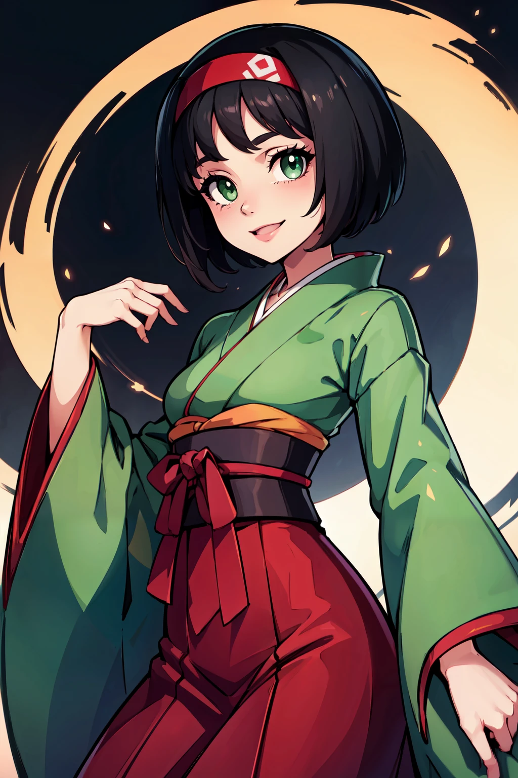 ((masterpiece,best quality)), absurdres,   <lora:Erika_Pokemon_v2:0.7>,    erika (pokemon), green eyes, short black hair, green kimono, Japanese clothes,  hakama, red hairband,   smile, looking at viewer, cowboy shot,