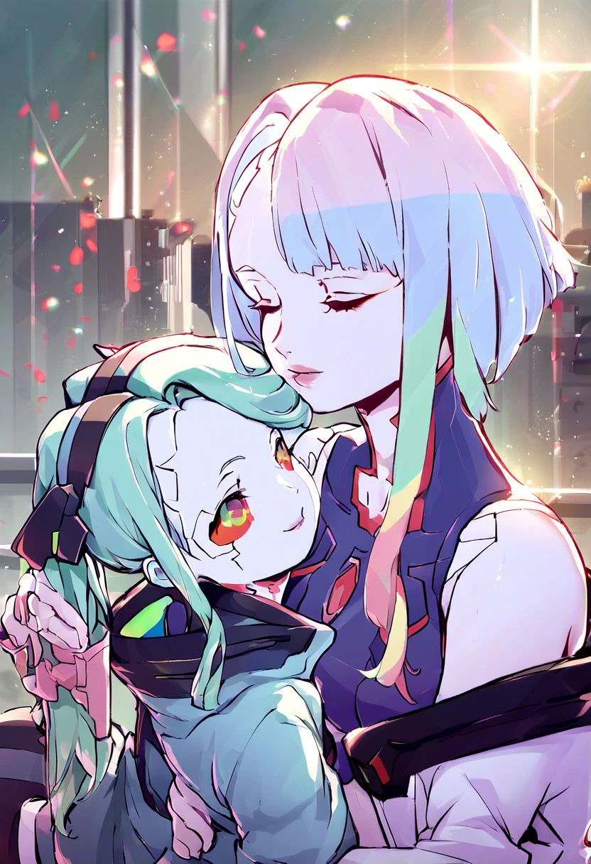 ([Xmultipkex],[xlucyx],[xrebecax]),score_9, score_8_up, score_7_up, source_anime, rating_safe,couple portrait 1girl and 1girl  kisses in futuristic city