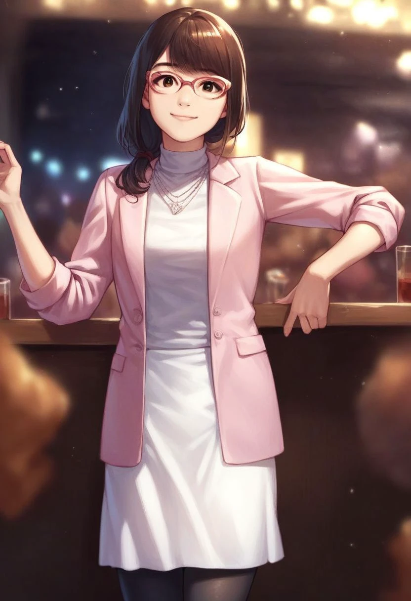 score_9_up, score_8_up, score_7_up, score_6_up, score_5_up, score_4_up, yuki_kiwami2, glasses, brown eyes, pink jacket, white turtleneck dress, necklace, black pantyhose, cute smile, in a nightclub