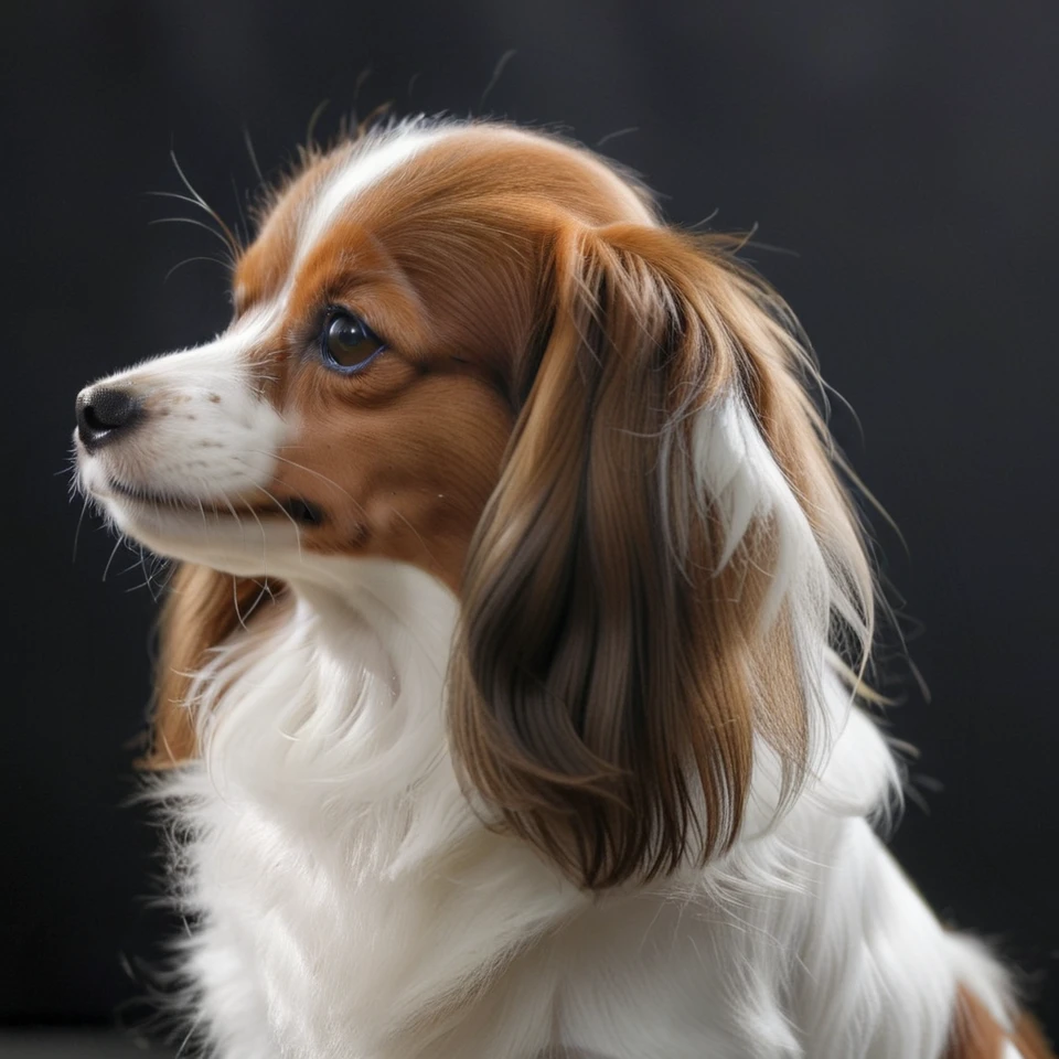 realistic upper body photograph of head (profile:1.1) of brown-white continental toy spaniel (Phalene:1.1)  dog having (long-hair ears:1.3) (head:1.1), The dog has a narrow white blaze between the eyes, the dog's forehead hangs over its muzzle
BREAK illustration, flat vector graphics, (monochrome two colors:1.2), thin sharp outline, sticker imitation, NOBLEDOGS_CTS  <lora:NOBLEDOGS_CTS-000017:0.65>