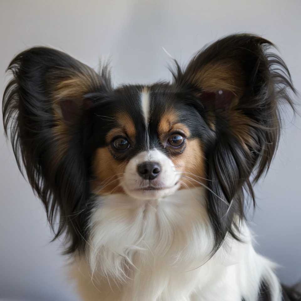 realistic upper body photograph of head (profile:1.1) of black-white continental toy spaniel (Papillon:1.1)  dog having (long-hair ears:1.3) (head:1.1), The dog has a narrow white blaze between the eyes, the dog's forehead hangs over its muzzle
BREAK illustration, flat vector graphics, (monochrome two colors:1.2), thin sharp outline, sticker imitation, NOBLEDOGS_CTS  <lora:NOBLEDOGS_CTS-000018:0.65>