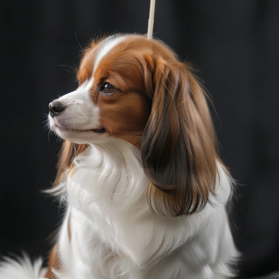 realistic upper body photograph of head (profile:1.1) of brown-white continental toy spaniel (Phalene:1.1)  dog having (long-hair ears:1.3) (head:1.1), The dog has a narrow white blaze between the eyes, the dog's forehead hangs over its muzzle
BREAK illustration, flat vector graphics, (monochrome two colors:1.2), thin sharp outline, sticker imitation, NOBLEDOGS_CTS  <lora:NOBLEDOGS_CTS-000017:0.65>