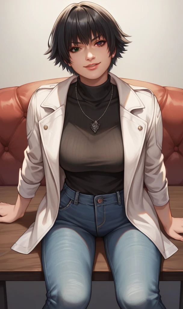 score_9, score_8_up, score_7_up, score_6_up, source_anime, BREAK masterpiece, LadyDMC5, short hair,  seductive smile, white turtleneck, jeans, breasts, necklace, leaning on table, couch, table, sitting, heterochromia, green eyes, red eyes, 