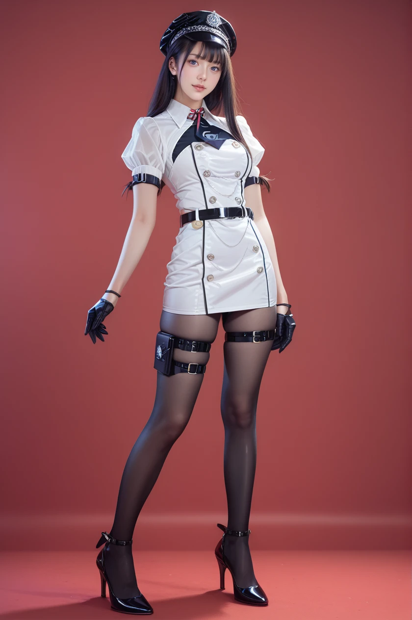 score_9,score_8_up,score_7_up,red background,1girl,solo,looking at viewer,standing,full body,<lora:lemon0001-Raiden Shogun Police Officer_pony_v1:0.9>,lemon0001,arm strap,puffy short sleeves,belt,half gloves,buttons,jewelry,black pantyhose,thigh strap,high heels,