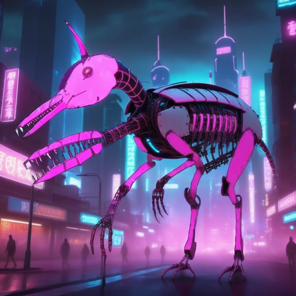 A cybernetic Wossum hybrid with a long beak, sharp teeth, and glowing mechanical parts integrated into its body, walking through a futuristic neon-lit cityscape at night. Highly detailed cyberpunk digital art, realistic textures, cinematic lighting, concept art <lora:240527_WOSSUM:0.9>