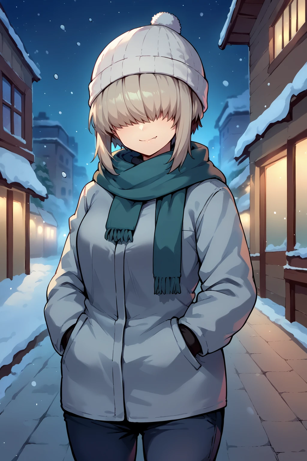 score_9, score_8_up, score_7_up, source_anime, cowboy shot, looking at viewer, smile, closed mouth, ynguzk, fang, covered eyes, short hair with long locks, beanie, scarf, winter coat, pants, hands in pocket, outdoors, night, snowing, city, <lora:Hoseki_UzakiChan_YanagiUzaki_PDXL_v1:1>