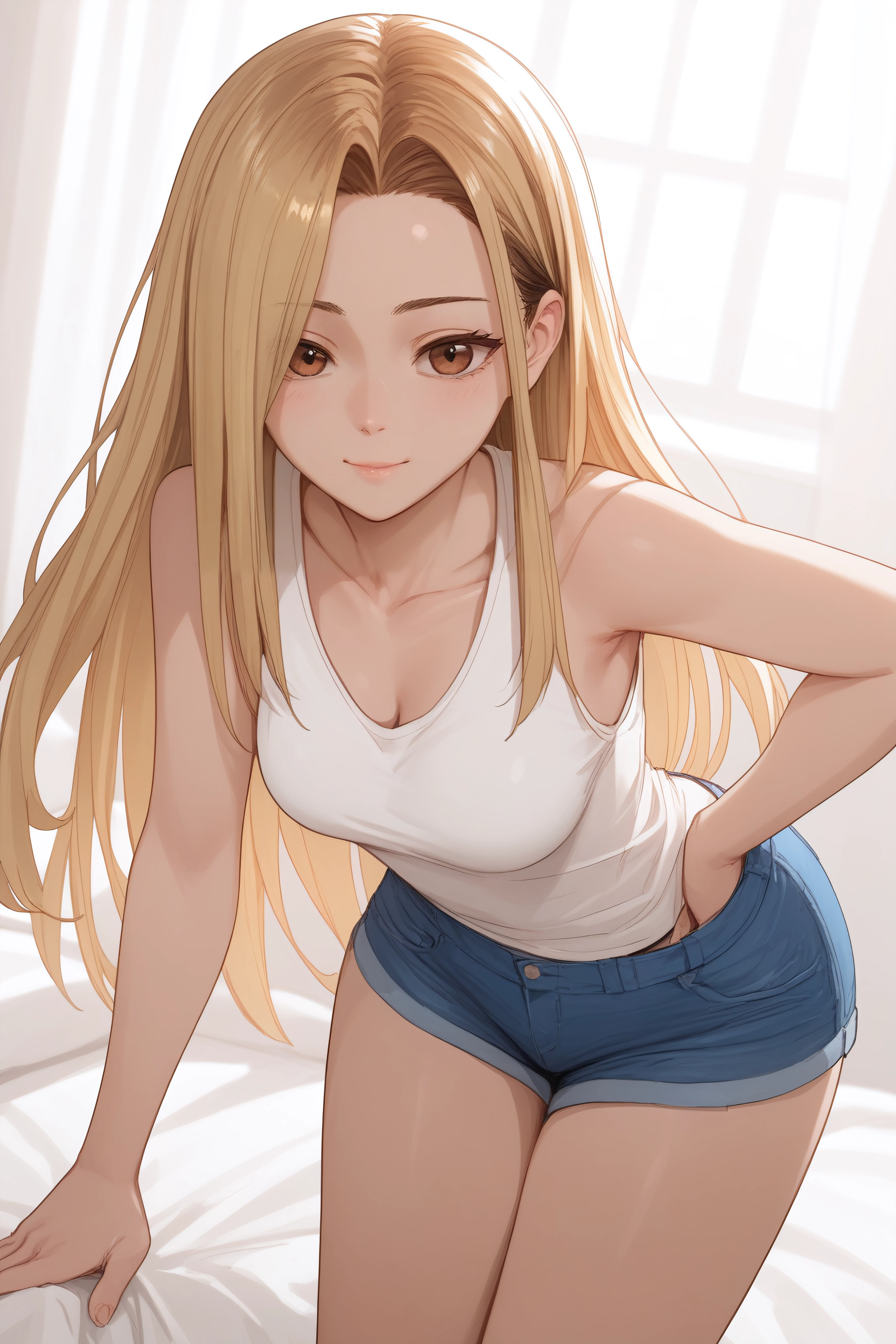 score_9, score_8_up, score_7_up, <lora:Jia Han-PonyXL-lora-Faxtron:0.8> jia han, brown eyes, blonde hair, multicolored hair, long hair, medium breasts, white tank top, bare shoulders, collarbone, sleeveless, blue denim shorts, standing,