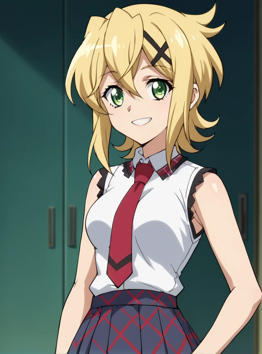 , score_9, score_8_up, score_7_up, score_6_up, score_5_up, score_4_up, BREAK source_anime, masterpiece , anime screencap, <lora:Akatsuki_Kirika:0.8>akatsuki kirika, blonde hair, 1girl, solo, green eyes, looking at viewer, medium breasts school uniform, pleated skirt, white_shirt, red necktie smile v, sleeveless,