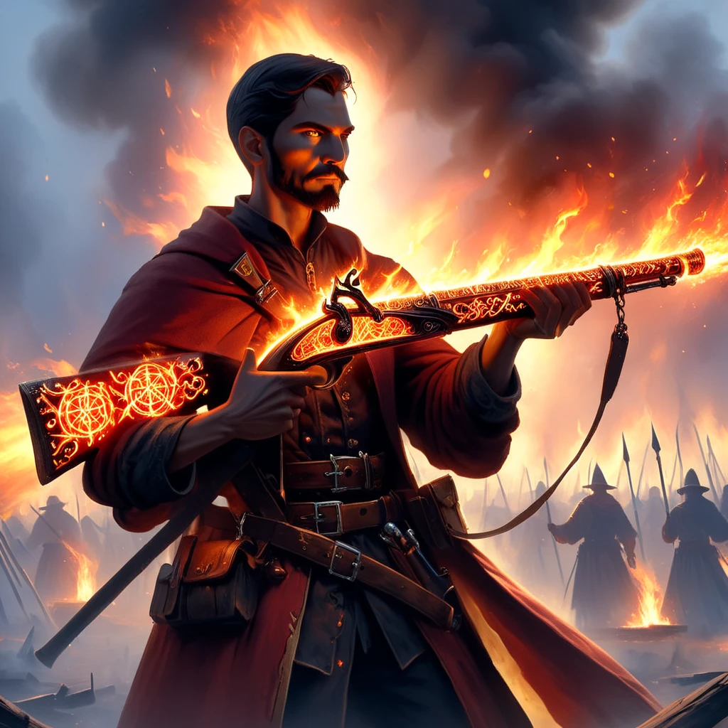 magic musket, A fire mage holding a weapon,