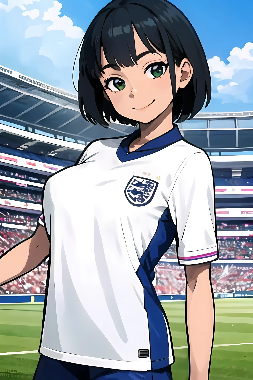 <lora:SC-EN6_Shirt_2024:1>, 3n6l4nd, sportswear, soccer uniform, white shirt, shorts, upper body, from side, looking at viewer, 1girl, black hair, short hair, smile, (stadium:1.2), green field, massive breasts, (best quality), (ultra-detailed), (best illustration)