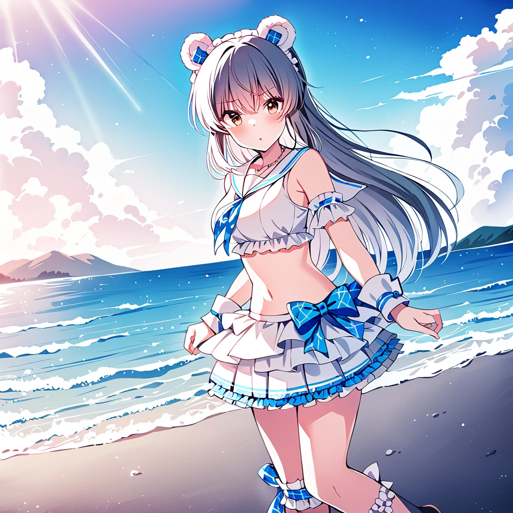 masterpiece,tendorui,1girl,solo,animal ears hairband,tendoruisw wrist cuffs,tendoruisw sailor bikini,tendoruisw necklace,tendoruisw miniskirt,tendoruisw sandals,looking at viewer,cinematic_angle,outdoor,<lora:tendorui:0.8>,Tsundere,sea