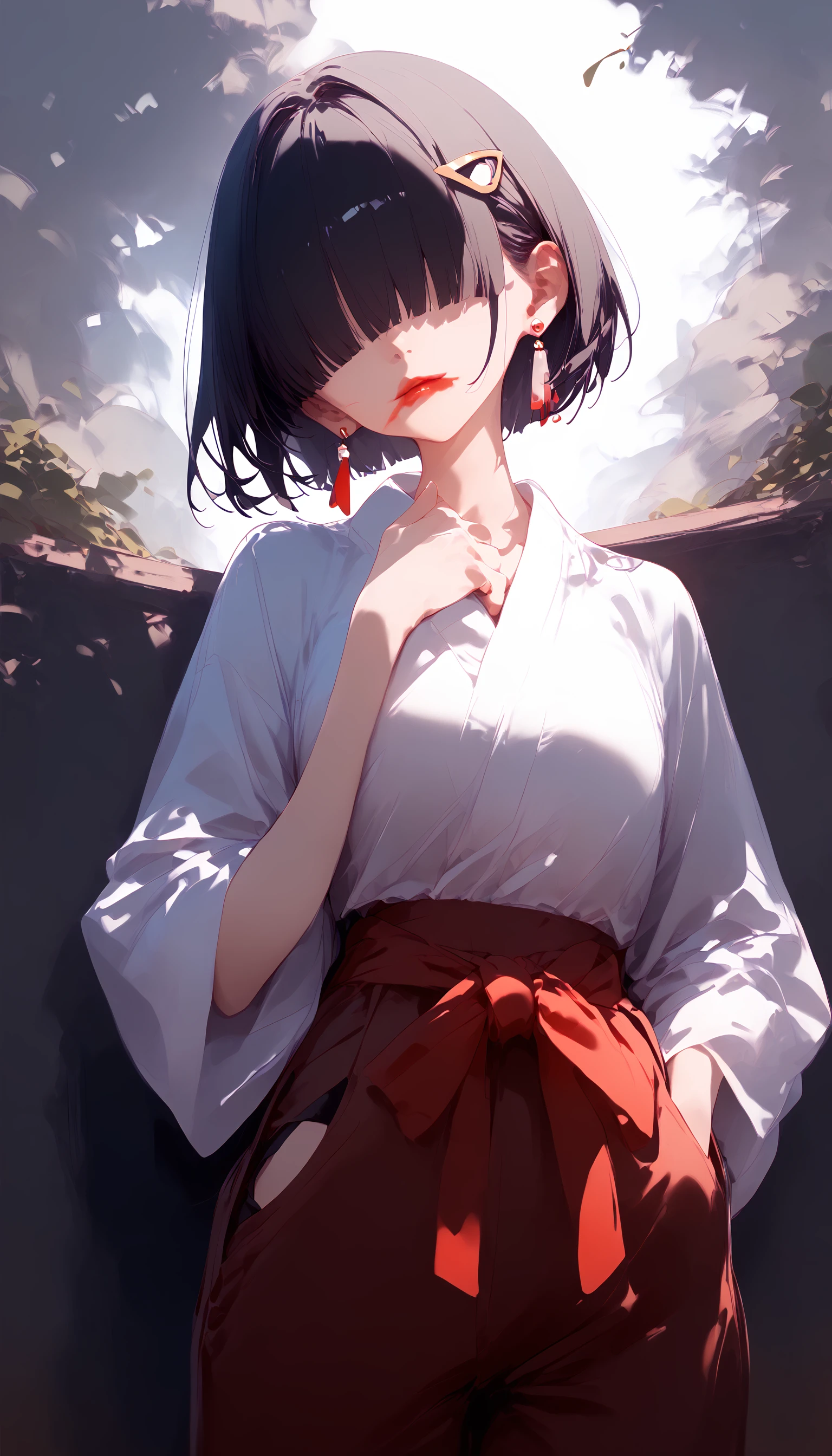 score_9,score_8_up,score_7_up,1girl,solo,earrings,hairclip,head tilt,hair over eyes,hakama_pants,looking at viewer,
<lora:smeared lipstick_pony_bx-v2.04:1>,smeared lipstick,