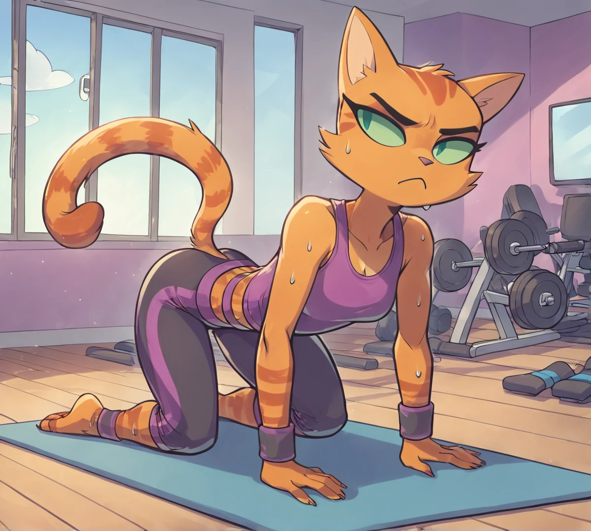 Fran, zPDXL, best quality, amazing quality, score 9, 1girl, sweat, working out, yoga, indoors, tv, workout mat, serious expression, towel, sweatband, workout clothes, <lora:Fran:1>