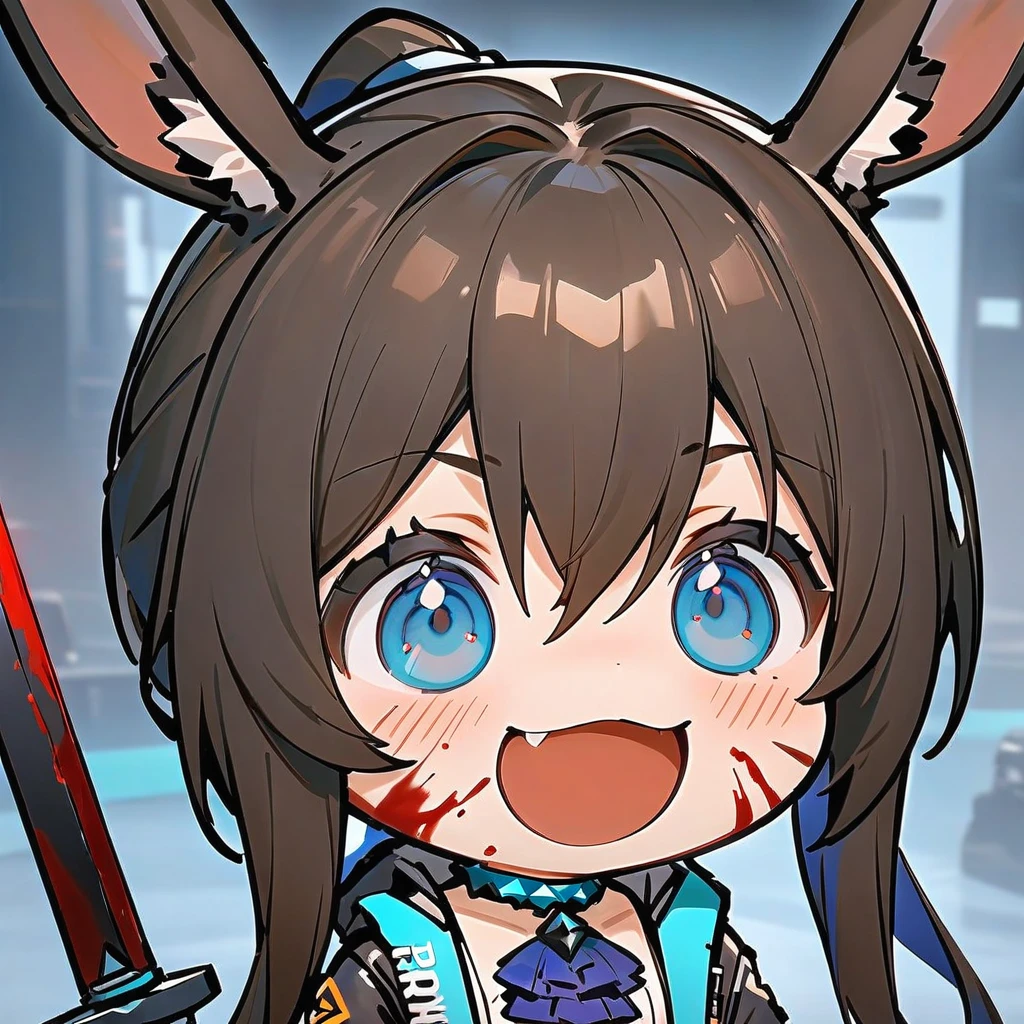smile, :d, chibi,(masterpiece),(best quality),1girl, animal ears, amiya (arknights), solo, blue eyes, rabbit ears, long hair, holding, looking at viewer, blood, weapon, blue ascot, upper body, holding weapon, brown hair, ascot, hair between eyes, sword, holding sword, jacket, blood on face, closed mouth, open clothes, sidelocks, open jacket, jewelry, shirt, neck ring, white shirt, black jacket, ponytail, glowing,
