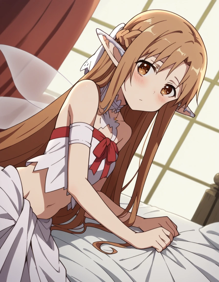 score_9, score_8_superior, score_7_superior, sauce_anime,
asunayuuki, As Yuuki, Long Hair, Brown Hair, Brown eyes, very Long Hair, Braiding, Pointed Ears, Fairy, Ear coverings,
belly button, Bare shoulders, abdomen, dress, white dress, ribbon, red ribbon, Fairy, Fairy wings,
indoor, bed, bed room, ~ side, blush, Drunk,
Cowboy Shot, View your viewers, alone, Dutch Angle,