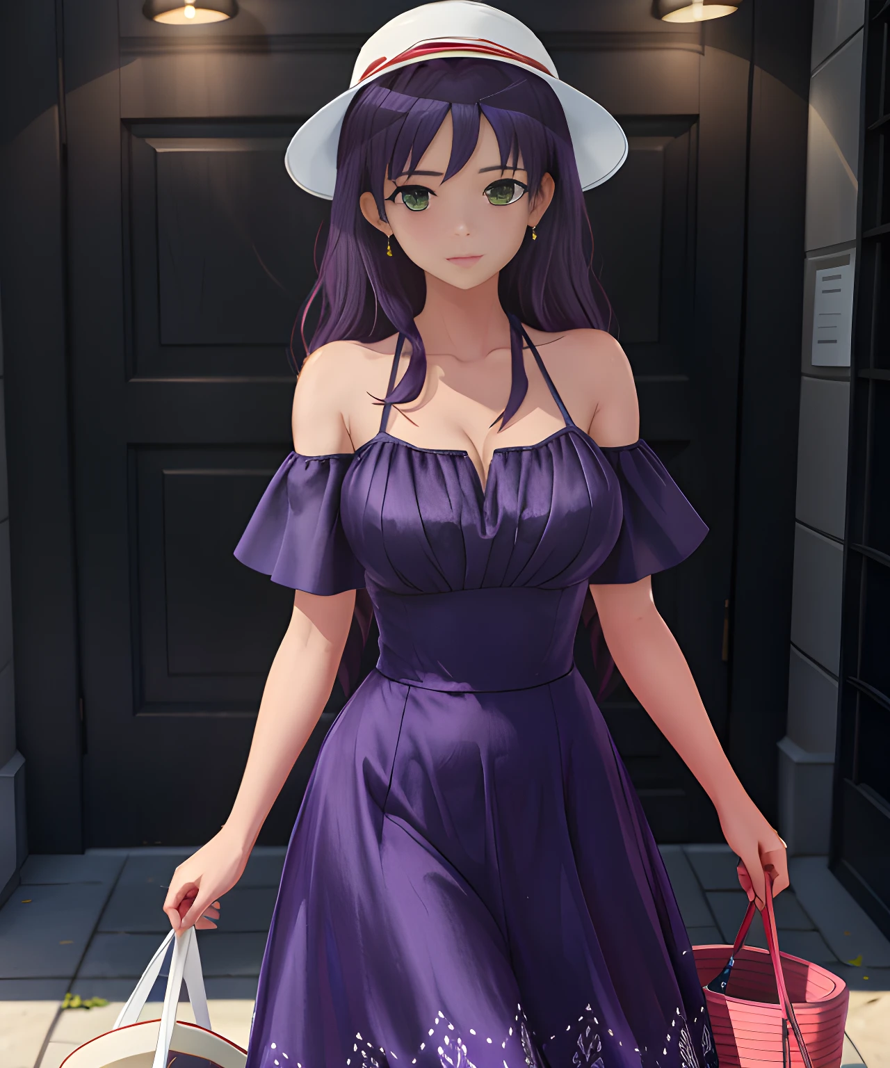 ELS style, a woman in a purple dress and a bucket hat, best quality, masterpiece