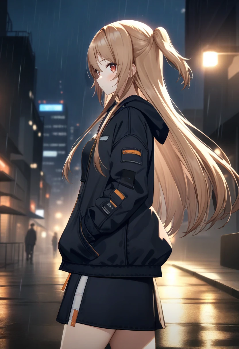 Kaede-outfit3,looking at viewer,medium skirt,night,dark,expressionless,
outdoors,raining,dark,skyscrapers,
walking,cowboy shot,<lora:KaedeV3:1>,from side,looking to the side,, cinematic light,masterpiece,best quality,very aesthetic,absurdres,incredibly absurdres,<lora:add_detail:1>,