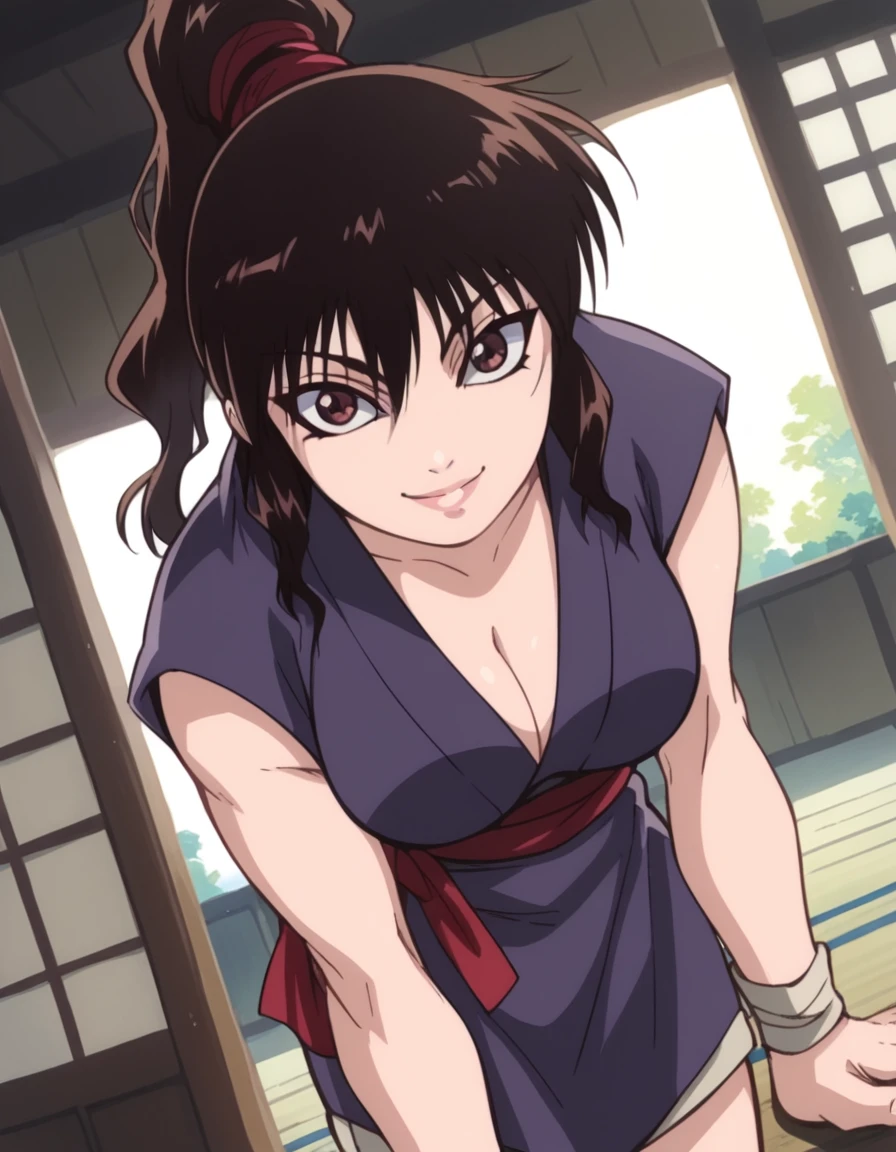 score_9, score_8_up, score_7_up, source_anime,
okoi, <lora:okoi-s1-ponyxl-lora-nochekaiser:1>,
okoi, black hair, brown eyes, ponytail,
cleavage, ninja, japanese clothes, sleeveless,
indoors, dojo, bent over, smile,
cowboy shot, looking at viewer, solo, dutch angle,