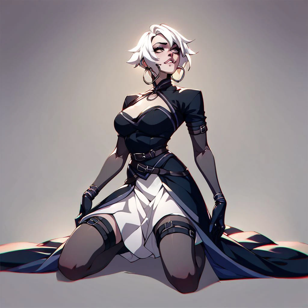 best quality, masterpiece,lora:arlecchino_new:1>ï¼parted_lips, sidelocks, turtleneck, black_gloves, x-shaped_pupils, :d, looking_at_viewer, highres, solo, 1girl, arlecchino_\(genshin_impact\), long_sleeves, absurdres, sitting on a chair, legs crossed