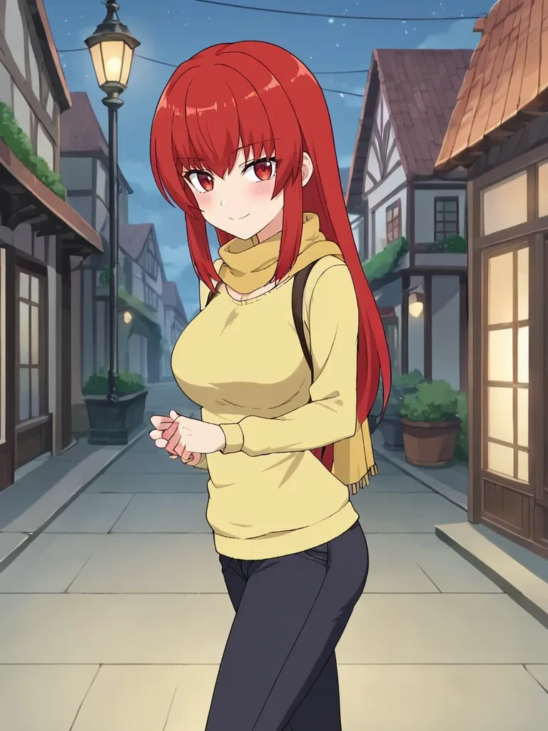 score_9, score_8_up, score_7_up, source_anime, 2D, flat colors, flat shadows, anime_screencap, <lora:satsukirindopony:1>,
1girl, solo, satsukirindo, large breasts, red hair, long hair, hair down, red eyes, yellow shirt, long sleeves, sweater, scarf, black pants, walking, outdoors, night, from side, looking at viewer, smile, blush