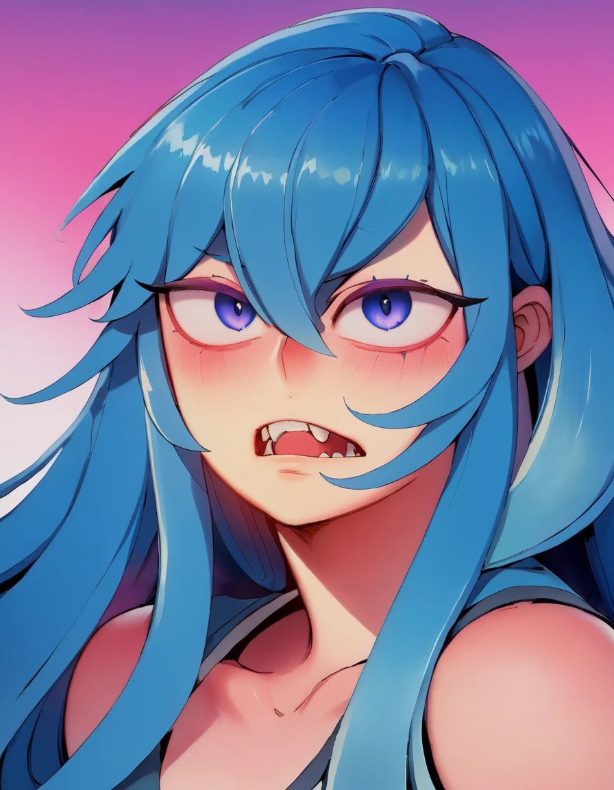 1girl, blue hair, blush, breasts, clenched teeth, eyebrows visible through hair, hair between eyes, long hair, looking at viewer, multicolored hair, solo, sweat, teeth, 
 <lora:Juder_Art_Style_SDXL:1.1>