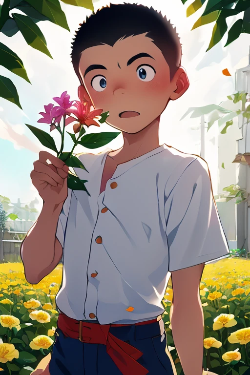 anime artwork, master piece, best quality, BREAK 1boy, solo,
taniguchi, outdoor, (holding flower:1.3) In the garden, white shirt, clean, ((male short hair)),((boys short hair)), ((very short hair)), black hair, black eyes,
<lora:taniguchiSD:1.5>
