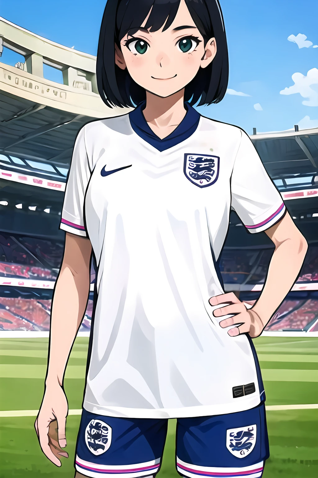 <lora:SC-EN6_Shirt_2024:1>, 3n6l4nd, sportswear, soccer uniform, white shirt, shorts, (cowboy shot:1.2), 1girl, black hair, short hair, smile, (stadium:1.2), green field, massive breasts, (best quality), (ultra-detailed), (best illustration)