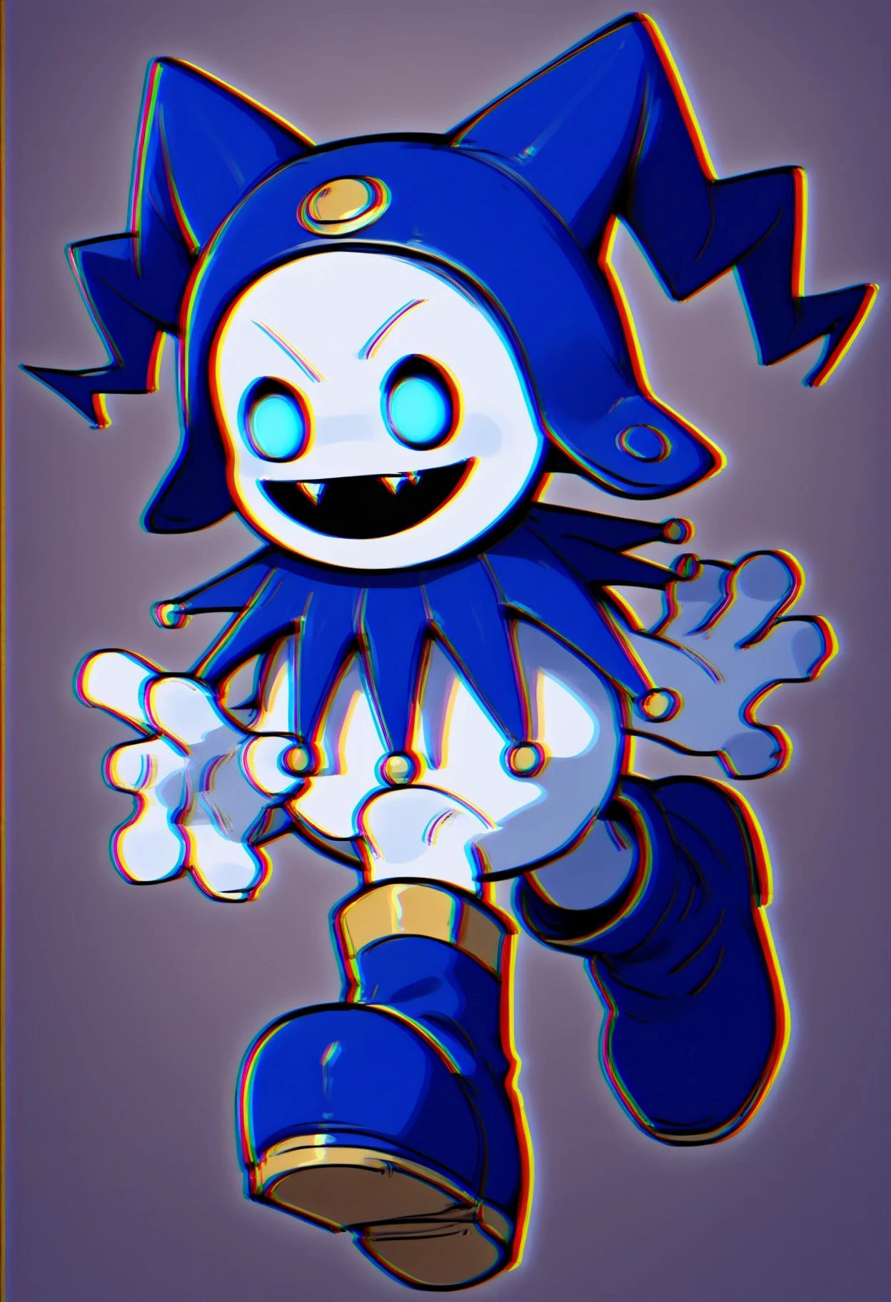 chromatic aberration ,ackfrostsmt, creature, white skin, solid oval eyes, :d, fangs, jester cap, blue footwear, smiling, dark room, glowing eyes,
score_9,score_8_up,score_7_up,source_anime,
<lora:potat_chromatic_aberration_PDXL_v3:1> <lora:Jack-Frost-pdxl_Fp:1>