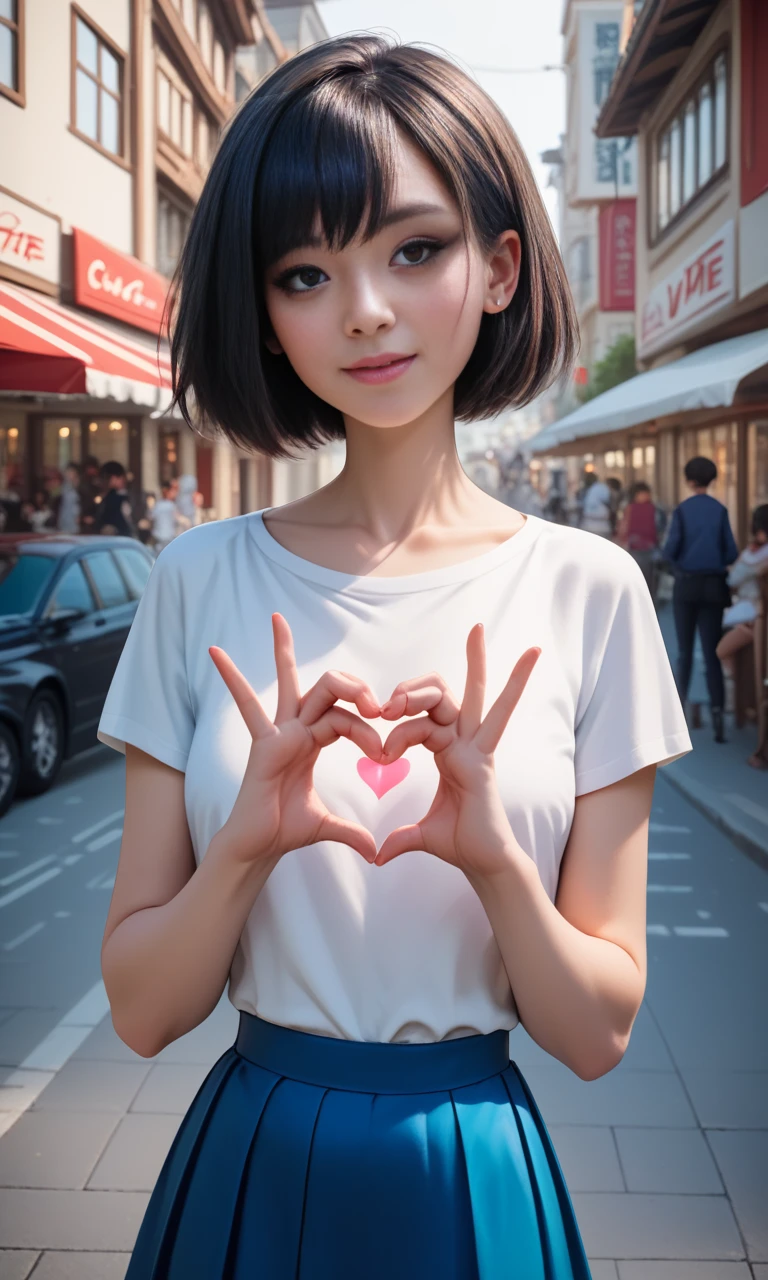 score_9, score_8_up, score_7_up, score_6_up, score_5_up, score_4_up,  slim girl in a street cafe ,  fiheartcl,  making heart with hands, blue short skirt and white blouse   , (a short dark haircut)    <lora:FingerHeartPony:.8>