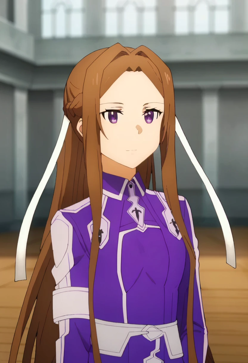 score_9, <lora:sortiliena_serlut:1> sortiliena serlut, 1girl, blurry, blurry background, braid, brown hair, hair intakes, hair ribbon, long hair, purple eyes, solo, sortiliena serlut, very long hair, white ribbon