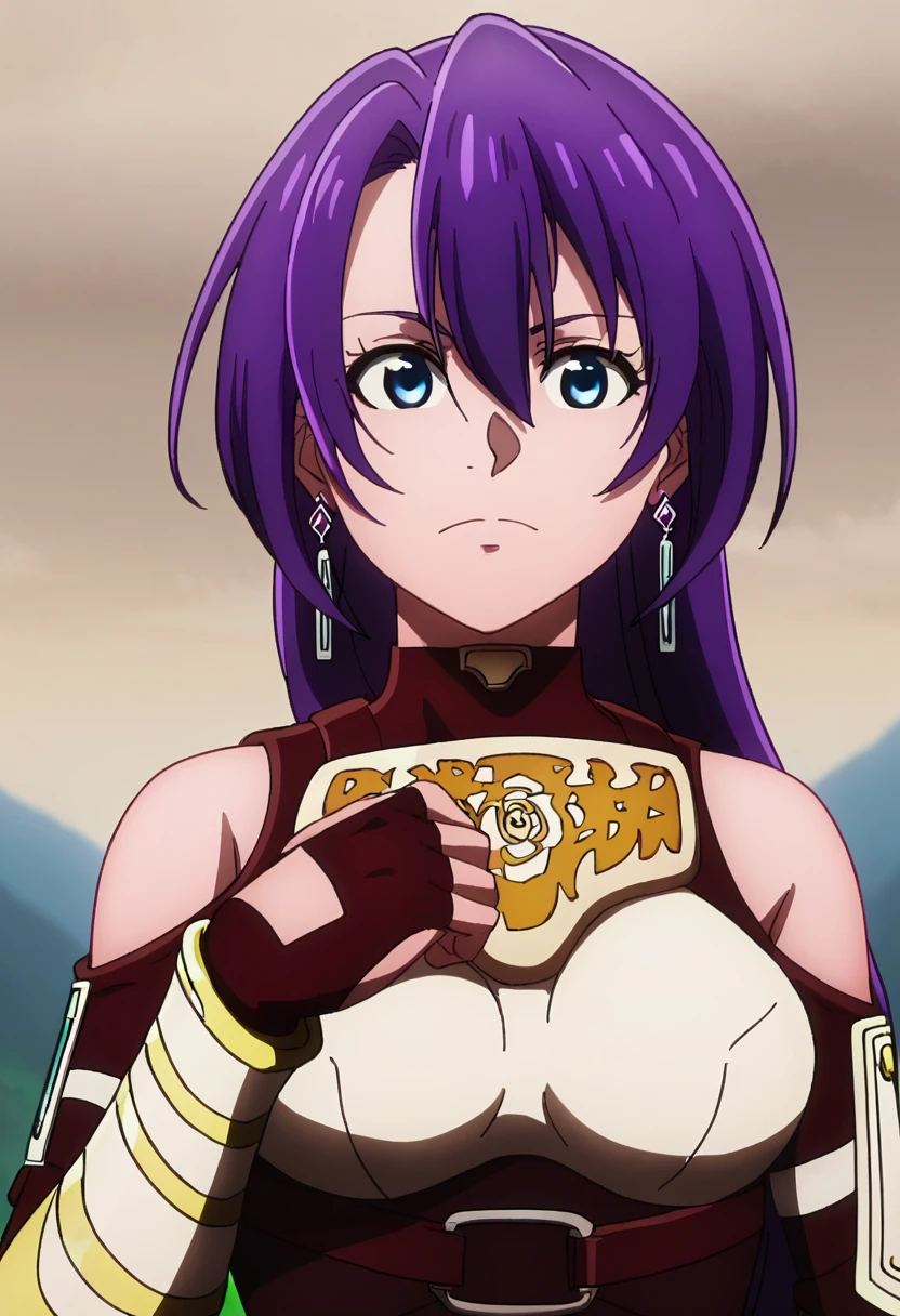 score_9, <lora:Arthur_Pencilgon:1> arthur pencilgon, 1girl, armor, arthur pencilgon, bare shoulders, blue eyes, closed mouth, earrings, fingerless gloves, gloves, hair between eyes, long hair, portrait, purple hair, solo