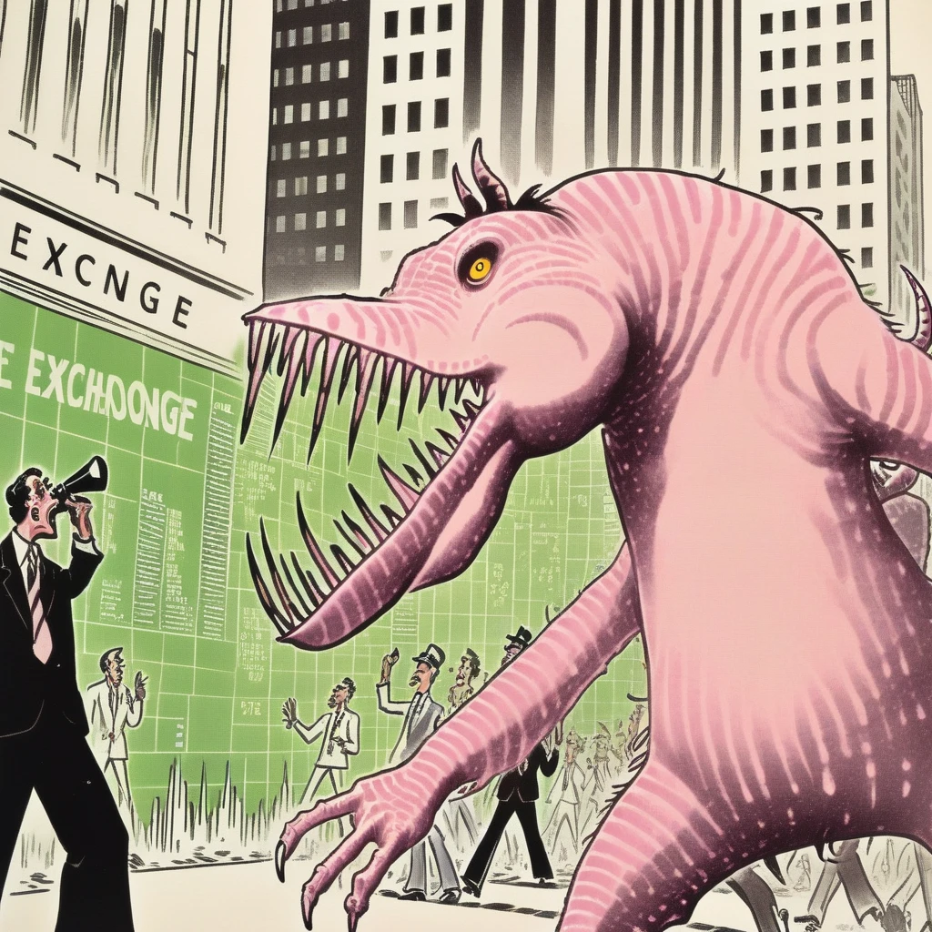 1970s comicbook illustration, the fearsome wossum monster attacking wall street stock exchange, long beak, sharp teeth, screen print, <lora:240527_WOSSUM:0.9>