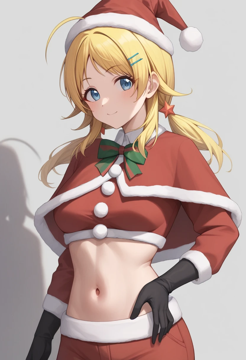 score_9,score_8_up,score_7_up,<lora:hachimiya_meguru_pony:1>,navel, black_santa_costume, bowtie, highres, crop_top, hachimiya_meguru, looking_at_viewer, 1girl, stomach, black_gloves, grey_background, fur_trim, shadow, hairclip, christmas, santa_hat, solo, commentary_request