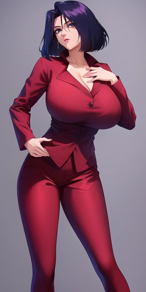 <lora:MyungV1:0.8> myung_fang_lone, huge_breasts, standing, solo, red_pant_suit, masterpiece, best_quality, detailed_face, detailed_eyes, highres, beautiful, detailed, absurdres,