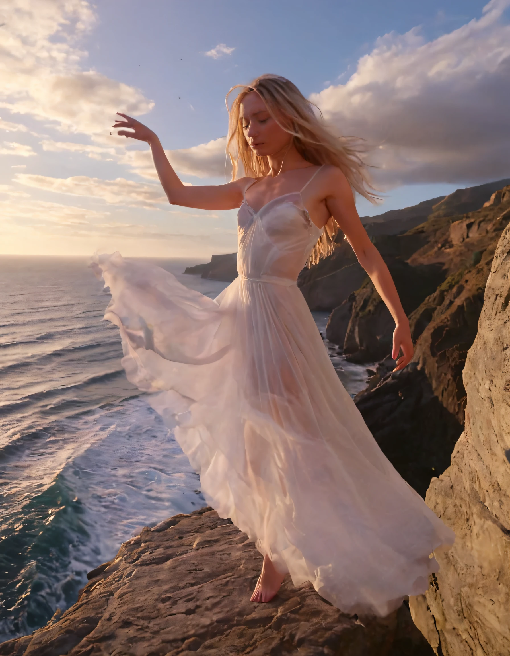 A breathtakingly beautiful Chloe stands on a craggy cliff overlooking an azure sea, her ivory gown billowing like wisps of cloud as she gazes upon horizon with dreamy wistful expression, her golden hair cascading down back like waterfall sunlight while wind tugs veil plays delicate tendrils framing heart-shaped face, creating otherworldly tableau that seems defy reality and transport us realm dreams reality intertwine breathtaking dance. Camera angle from below captures Chloe's profile as she leans slightly forward her left hand on hip while right arm reaches towards sunset, casting long dramatic shadow over rugged cliffside behind her. Background dizzying blend sea sky rock with sun setting painting clouds above waves crashing rocks below, adding raw untamed beauty scene. Overall emotional tone photograph one of longing yearning desire something more beyond realm everyday life, sense wonder mystery that captures hearts minds leaves us breathless with its beauty. <lora:prtxwt18fb9fa20cfn5d5:1>