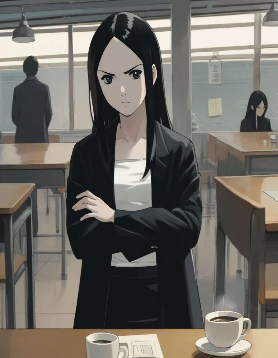 score_9, score_8_up, score_7_up, source_anime, <lora:ray-animation-ponyxl:1> kasuganoray, pale skin, black coat, black hair, tube top, black skirt,
1girl, pov across table, coffee, looking to the side, crossed arms, annoyed, booth seating