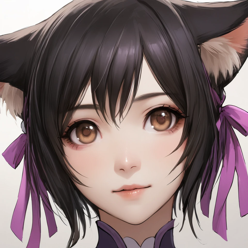 semi-realistic, 1girl, portrait <lora:LinXiaomeiXL:1> LinXiaomei, catgirl, animal ears, brown eyes, black hair, short hair, double bun, hair ribbons