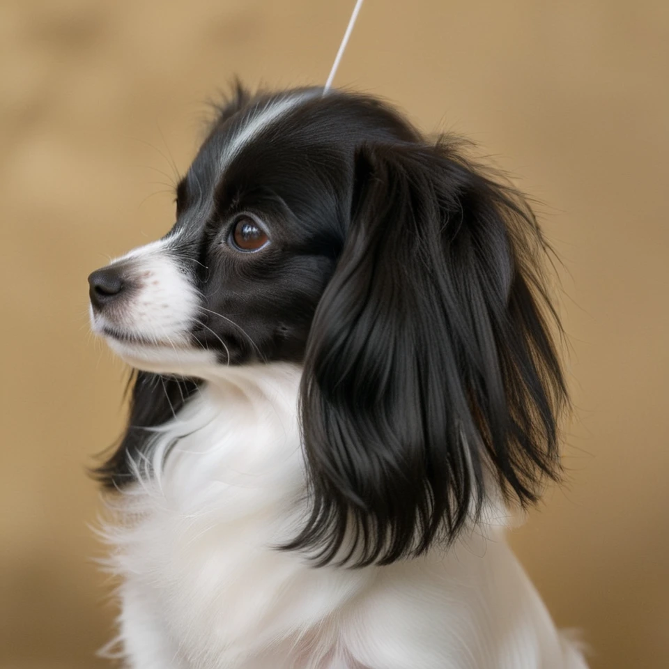 realistic upper body photograph of head (profile:1.1) of black-white continental toy spaniel (Phalene:1.1)  dog having (long-hair ears:1.3) (head:1.1), The dog has a narrow white blaze between the eyes, the dog's forehead hangs over its muzzle
BREAK illustration, flat vector graphics, (monochrome two colors:1.2), thin sharp outline, sticker imitation, NOBLEDOGS_CTS  <lora:NOBLEDOGS_CTS-000017:0.65>