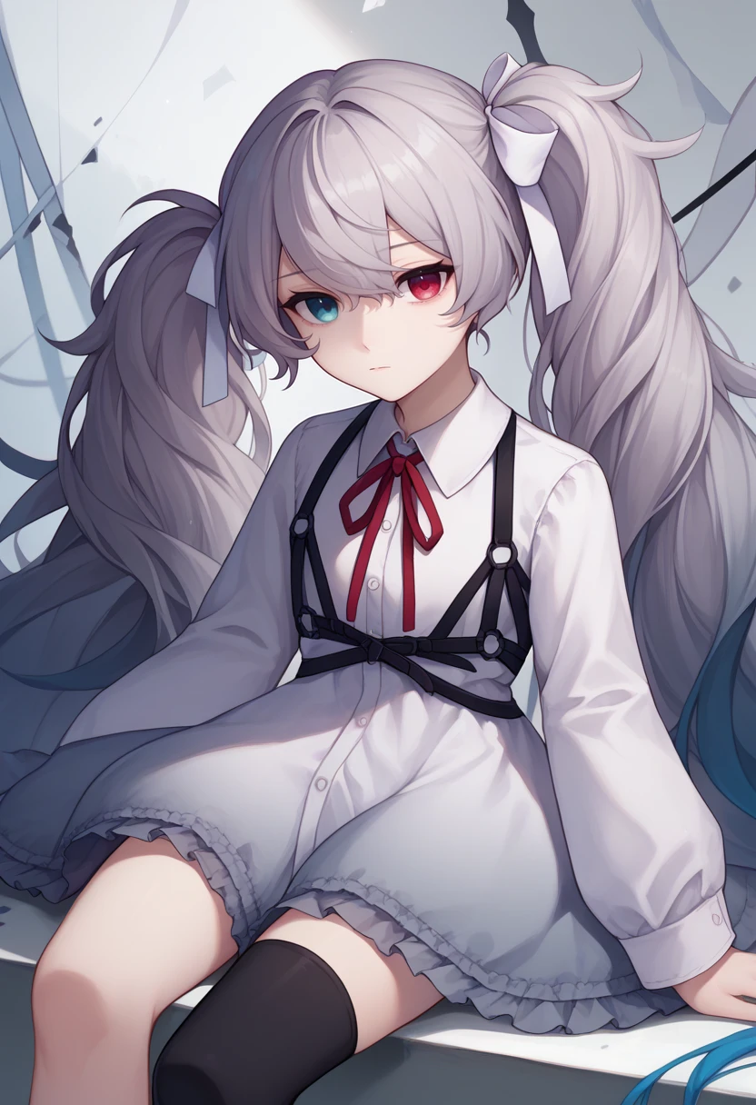 score_9, score_8_up, score_7_up, solo, 1girl, 25-jimiku, expressionless, looking at viewer, sitting, grey hair, twintails, hair ribbon, heterochromia, blue eyes, red eyes, frills, white dress, frilled dress, neck ribbon, red ribbon, chest harness, long sleeves, single thighhigh, black thighhighs <lora:projectsekai_25-jimiku_ponyXL:1>