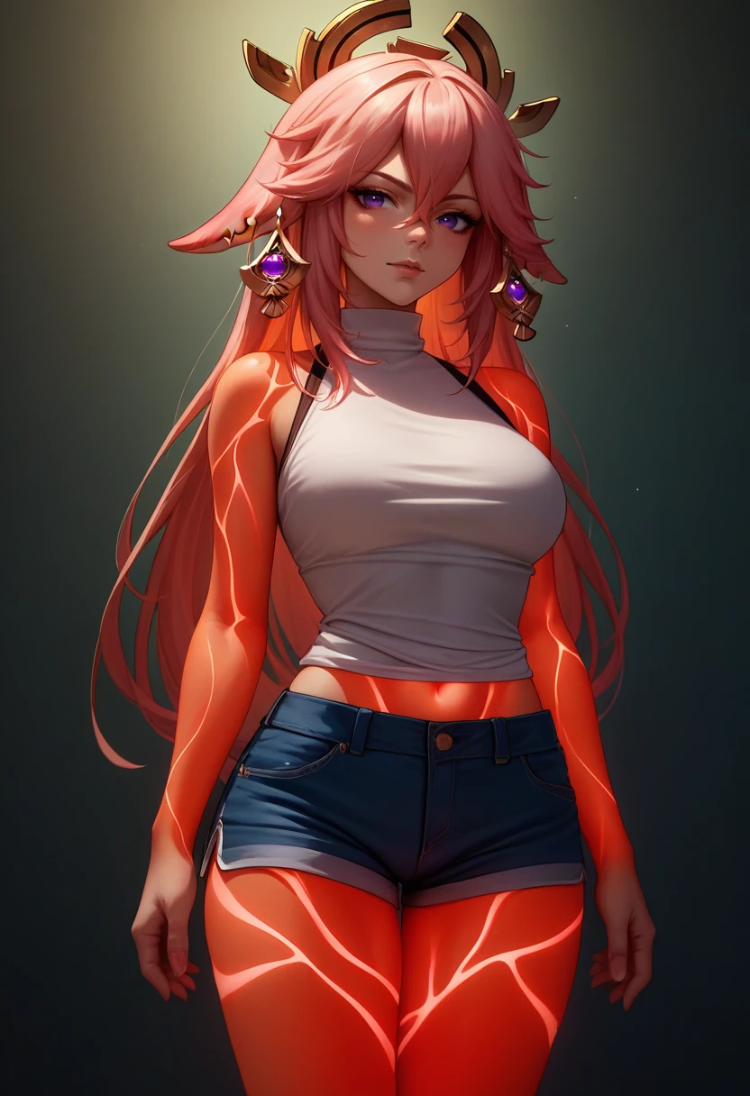 score_9, score_8_up, score_7_up, source_anime, 1girl, glowing veins, glowing body, <lora:EnergyVeins_XLPD:1.2>, shirt, shorts, sleeveless, yae miko,